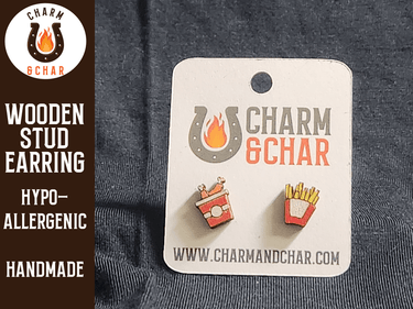 Perfect Match Wood Stud Earrings - Chicken and Fries - Food Fashion Earring - Stud Earring - Charm and Char